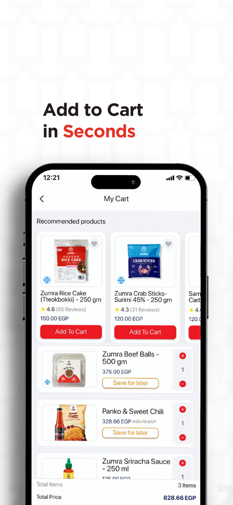 Zumra – Asian Food Delivery - Captura de pantalla de la aplicación móvil de Zumra que muestra productos de comida asiática en un carrito de compras
