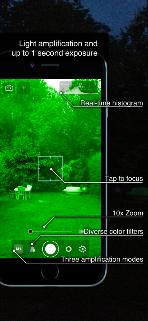 Night Eyes - Low Light Camera - Night Eyes app interface showing green night vision mode and camera control features