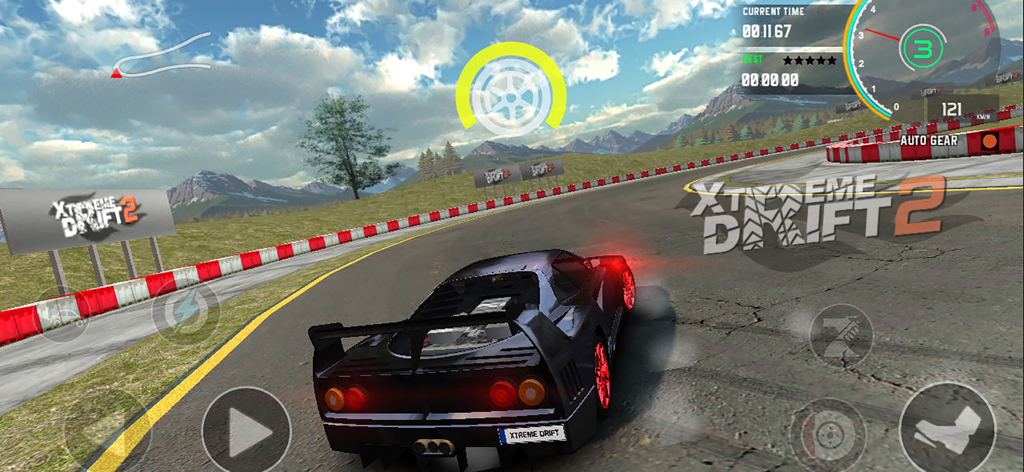 A black sports car performing a drift on a mountain race track in Xtreme Drift 2