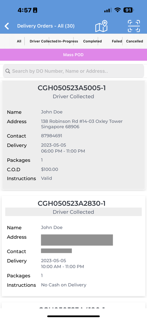 Interface of Chariots app showing a list of delivery orders with customer names addresses and driver collection status