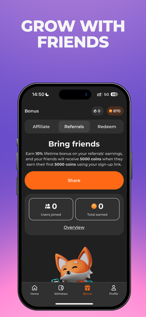 L'écran de parrainage dans l'application Scrambly montrant des récompenses bonus pour inviter des amis à marcher et gagner ensemble.