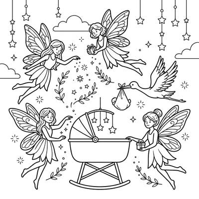 Welcome a new arrival with our delightful Light Fairies Baby Shower coloring page, perfect for celebrating new beginnings. This magical scene features winged fairies, a cozy cradle, and a stork, ready for your creative touch.