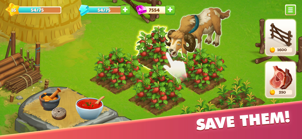 Family Journey: Island Life - A goat grazing near tomato plants and a cooking station in the Family Journey Island Life game