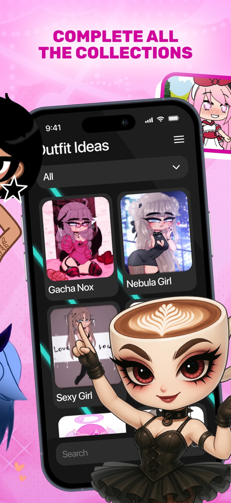 Gacha Life Club: Mods, Skins - Una interfaz de aplicación móvil que muestra una variedad de colecciones de atuendos y mods de personajes de Gacha