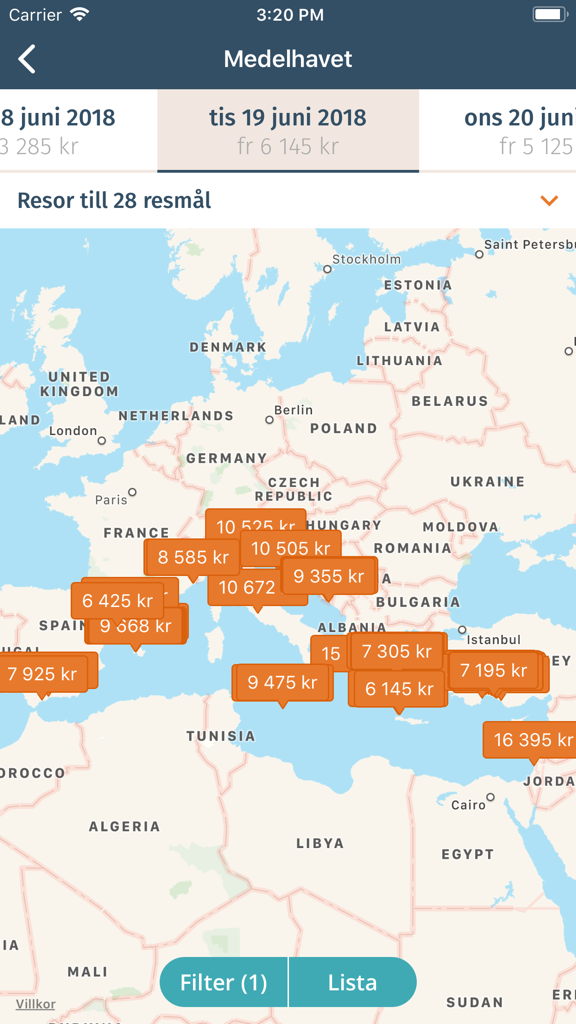 Reseguiden Charter & Paket - A map of the Mediterranean in the Reseguiden app showing travel prices for different holiday destinations.