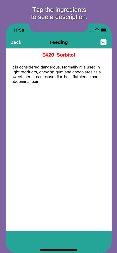 Ingred - Screenshot of the Ingred app showing detailed information and potential health risks for the food additive E420i Sorbitol.