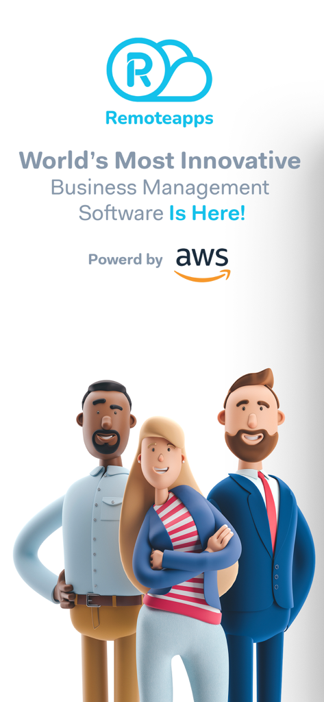 RemoteApps business management software splash screen powered by AWS with diverse corporate characters