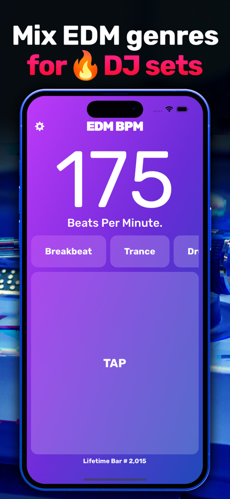 BPM Counter App ∎∎ EDM BPM - Smartphone-Bildschirm zeigt die EDM BPM Counter App mit 175 Beats pro Minute und Musikgenres