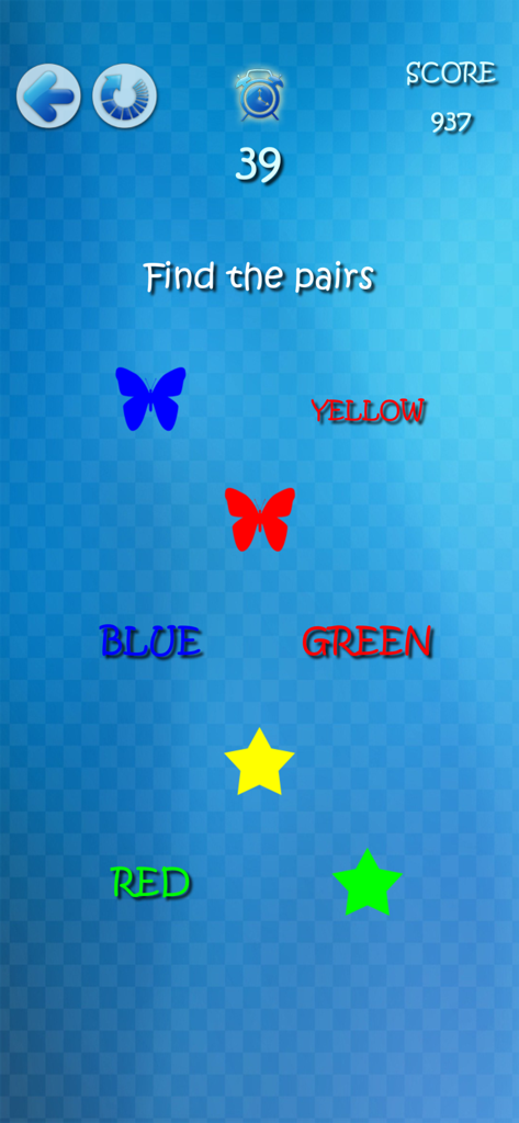 Una pantalla de juego de la aplicación Brain Trainer que muestra una tarea de encontrar parejas con formas y texto de colores utilizando el efecto Stroop