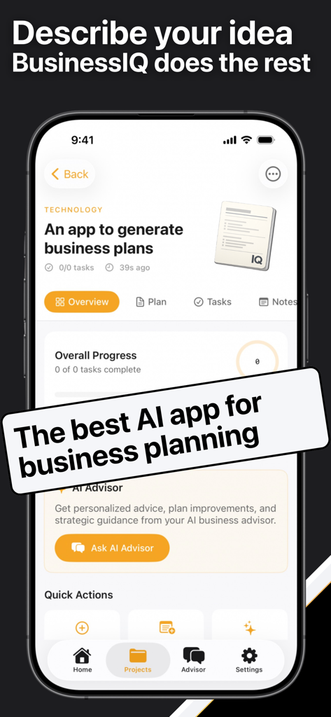 Uma interface de aplicativo móvel do Gerador de Plano de Negócios IQ AI mostrando um painel de projeto de negócios com um rastreador de progresso e uma seção de consultor de IA.