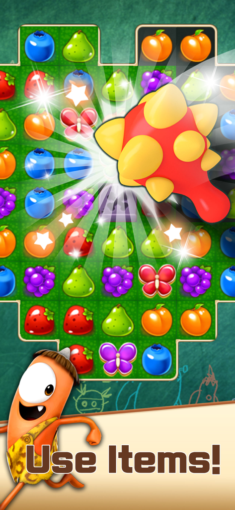SPOOKIZ POP match 3 puzzle gameplay showing a special item power up and fruit icons