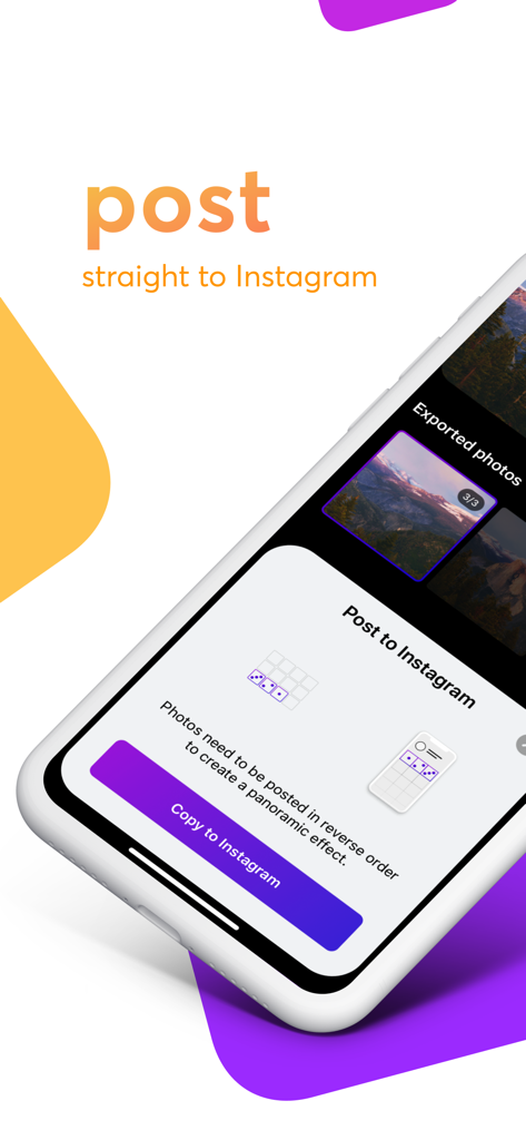 Panols - Interface of the Panols app showing the process of exporting split photos and posting them to Instagram to create a seamless panoramic effect.