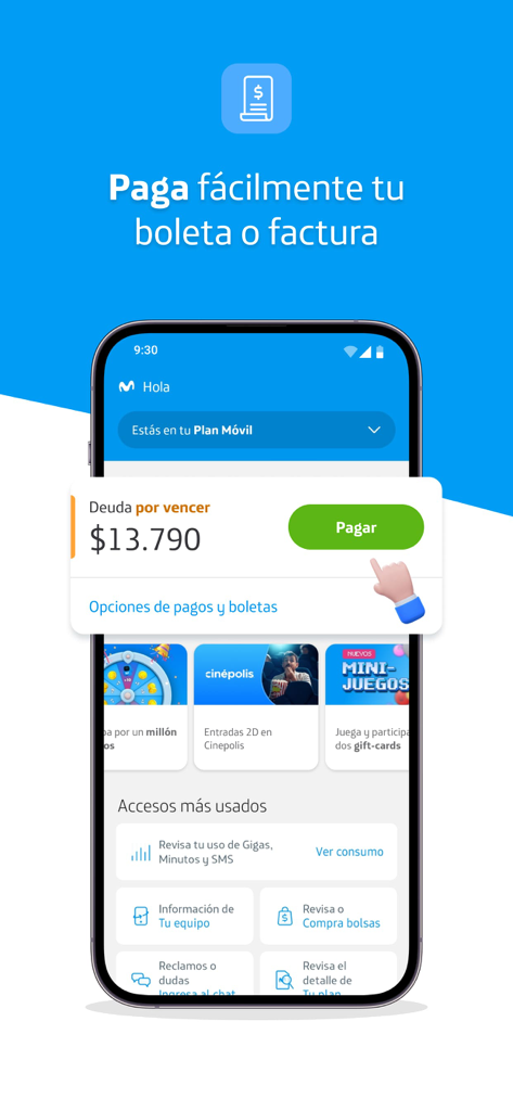 Mi Movistar Chile - Interfaz de la app Mi Movistar Chile mostrando la opción de pago de facturas y notificación de saldo de cuenta.
