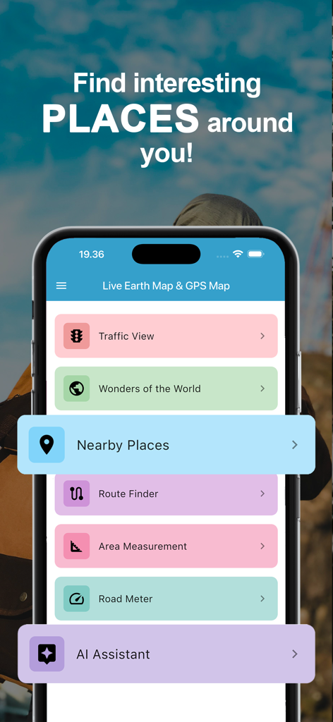 Live Earth Map & GPS Map - Main menu of the Live Earth Map and GPS Map app showing navigation and area measurement features