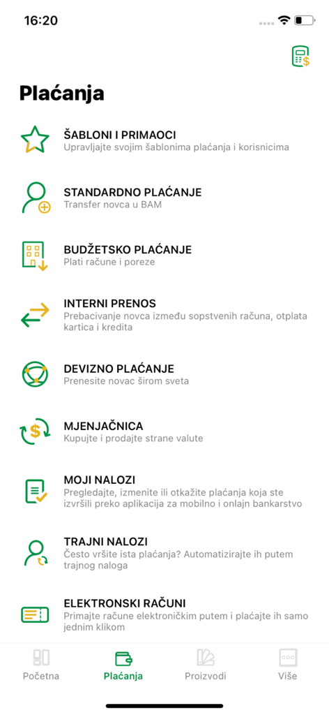ATOS BANK Mobile - ATOS BANK Mobileアプリの支払いメニュー、通貨交換やセルビア語での定額注文など、さまざまな取引オプションを表示