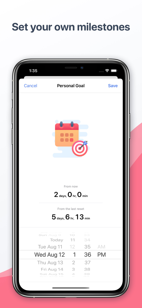 Quitzilla: Quit Tracker - Mobile app screen for setting personal goals and milestones in Quitzilla.