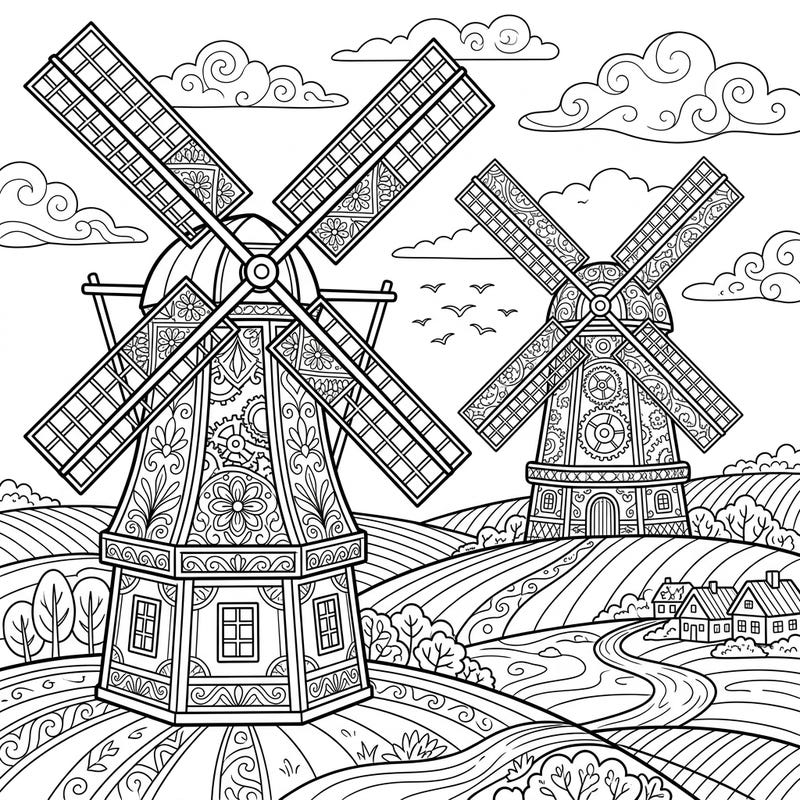 Embark on a creative journey with this captivating adult coloring page featuring beautifully restored windmills. Discover intricate patterns and serene landscapes designed to provide a relaxing and engaging coloring experience.