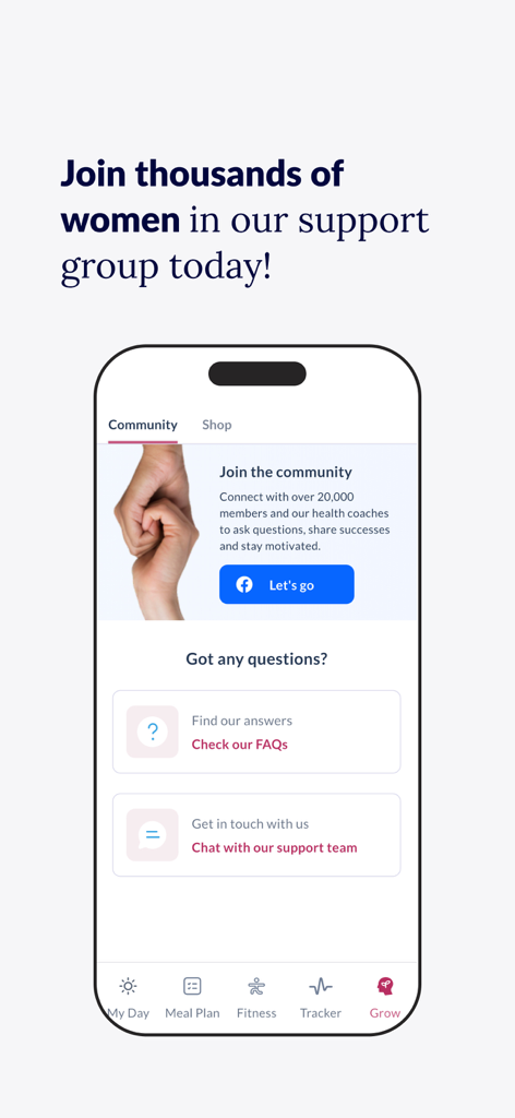 Community support group screen in the RH Weight Loss and Fitness app for women over 40 featuring FAQ and chat options