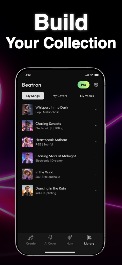 Beatron: AI Music Maker - Beatron app library interface displaying a list of created AI songs with titles and genres