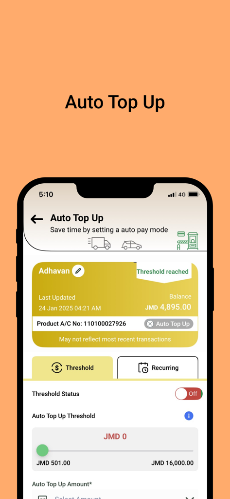 My T-tag - Mobile app interface showing the auto top up settings for a Highway 2000 East-West toll account