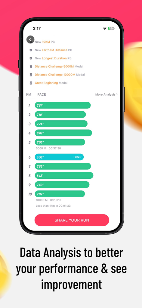 Runtopia-Reward RunningTracker - 킬로미터당 속도와 획득한 업적 메달을 보여주는 Runtopia 앱의 상세한 달리기 추적 대시보드