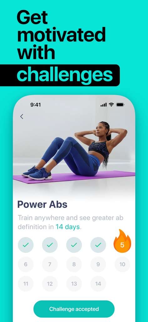 HitFit app interface showing a 14 day Power Abs workout challenge with a progress tracker and a woman exercising