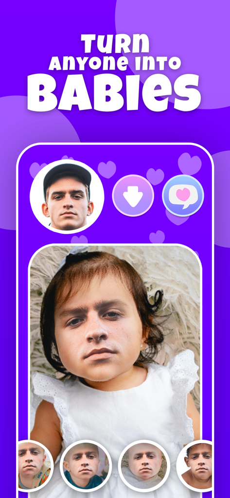 Make A Baby AI Future Face - Interface of the Make A Baby AI app showing an adult face transformed into a baby with funny filters