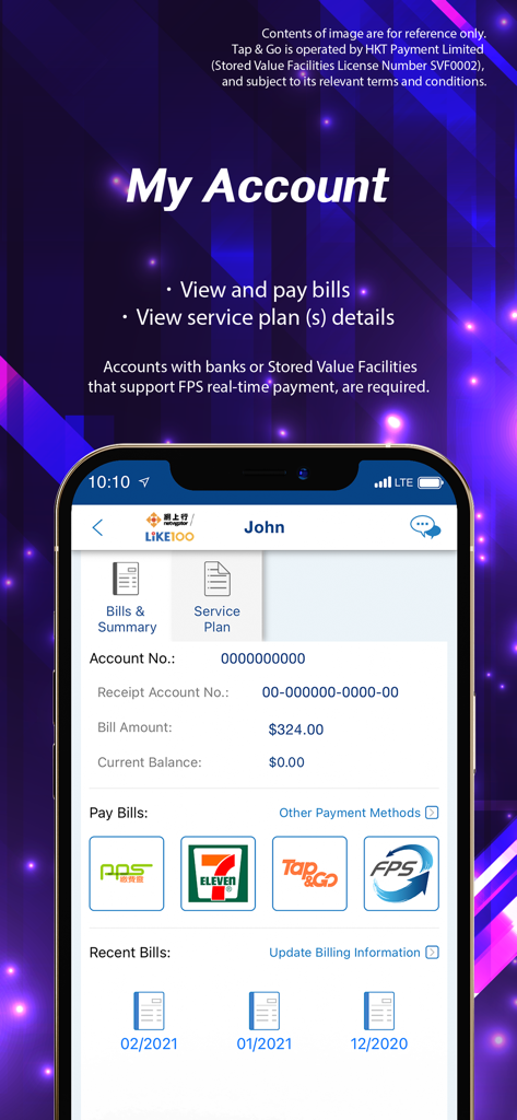 My HKT app interface for viewing bills, managing service plans, and selecting payment methods.