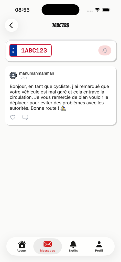 PlateWaveアプリの画面。ナンバープレートに基づいてドライバーに送信された丁寧なメッセージが表示されている。