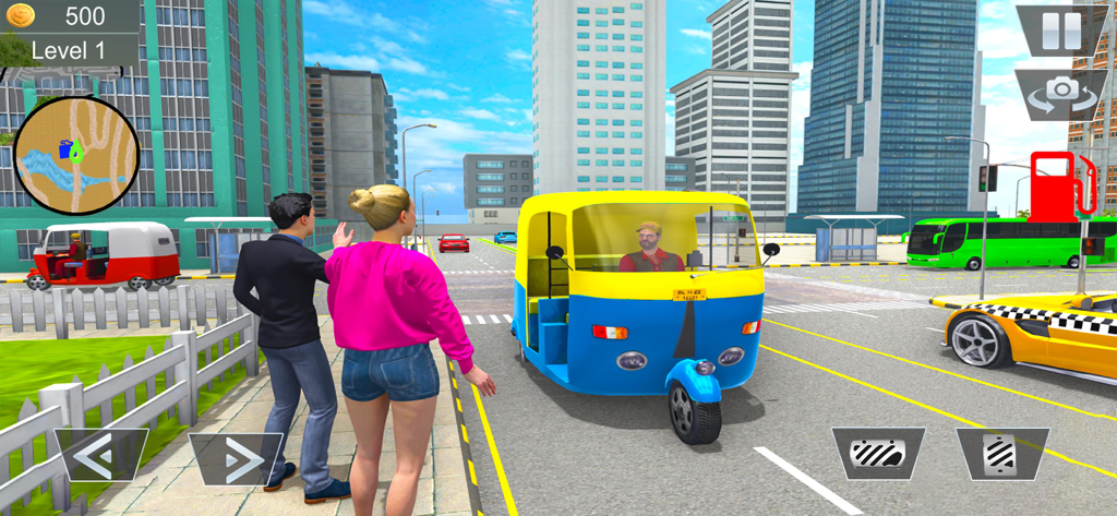 Offroad Tuk Tuk Auto Rickshaw - A blue and yellow auto rickshaw in a 3D city simulation game.