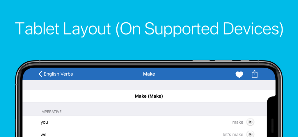 Interfaz de la aplicación English Verb Conjugator en modo horizontal que muestra el tiempo imperativo del verbo 'make'.