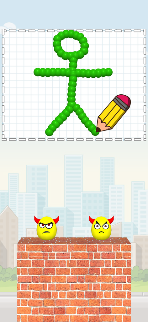 Draw To Smash: Logic puzzle - A green stickman being drawn with a pencil to smash two angry yellow eggs on a brick wall.