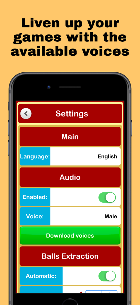 Bingo at Home - Settings screen of the Bingo at Home app showing options for audio voices and language selection