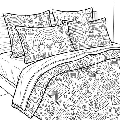 Immerse yourself in a world of vibrant love with this detailed coloring page featuring a cozy bed set adorned with symbols of Pride. Perfect for celebrating equality and self-expression, this design invites you to fill each flag and rainbow with your favorite hues.
