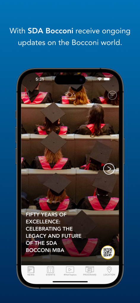 SDA Bocconi app screenshot showing the news and updates screen with a photo of MBA graduates