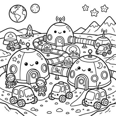 Embark on an intergalactic adventure with this charming Kawaii Mars Colony coloring page. Bring to life adorable dome homes, cute astronauts, and smiling space vehicles in a vibrant Martian landscape.