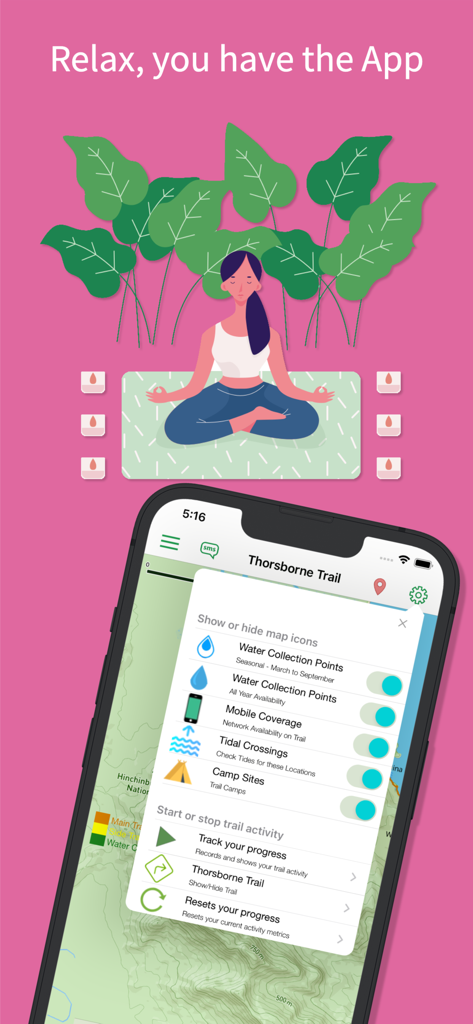 Interface de l'application Thorsborne Trail sur un smartphone montrant des options de basculement de carte pour les sources d'eau et les sites de camping