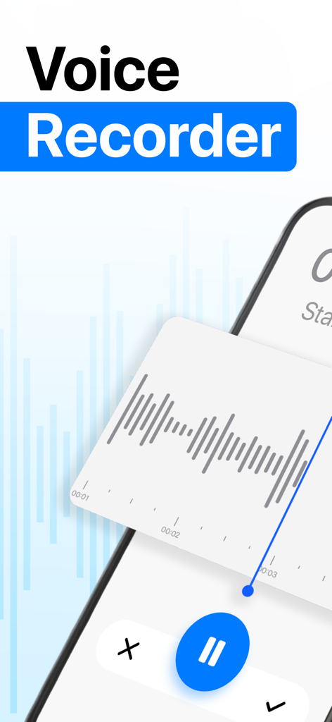 Voice Recorder・Audio Recording - 録音波形表示と一時停止ボタンを備えた、音声録音用のモバイルアプリインターフェイス
