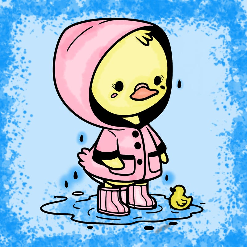baby duck in a rain coat and boots, in a puddle while it’s raining