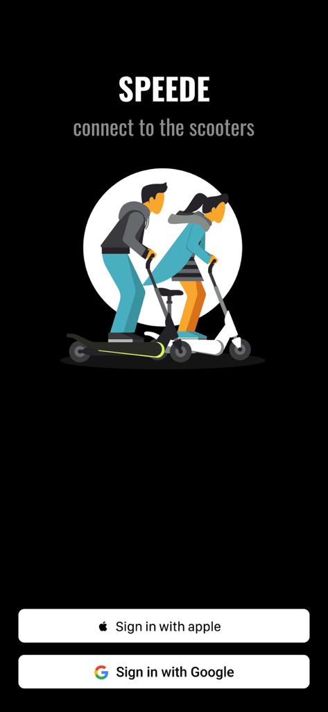 Pantalla de inicio de sesión y incorporación de Speede Scooters con botones de inicio de sesión de Apple y Google y una ilustración de personas en patinetes eléctricos
