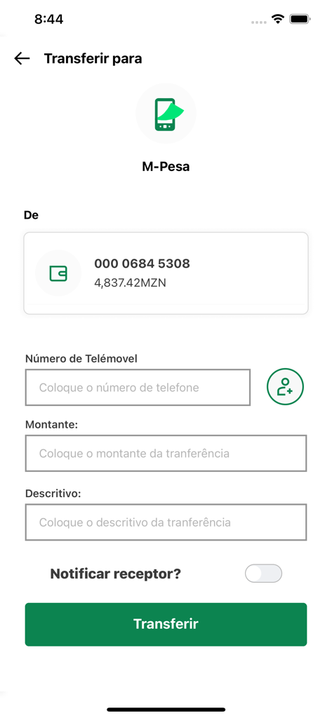 MyUey - Mobile app interface of MyUey for initiating a money transfer to M-Pesa from a Nedbank account