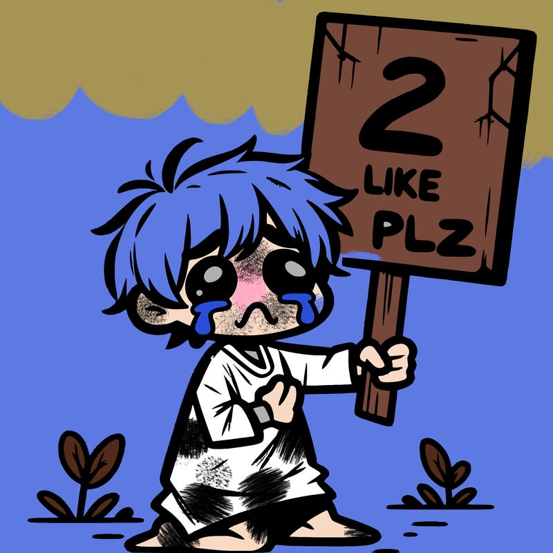 small poor toddler crying with sign that says 2 like plz