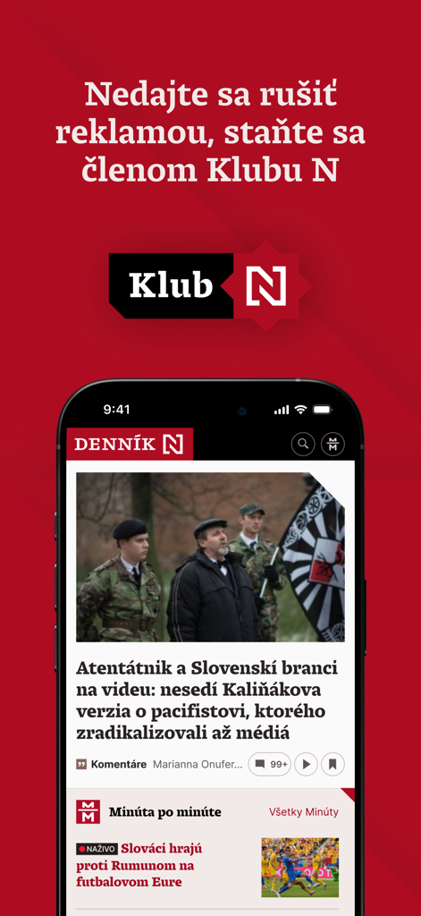 Denník N - Benutzeroberfläche der Dennik N Mobil-App mit einem Banner für werbefreie Abonnements und aktuellen Nachrichtenartikeln