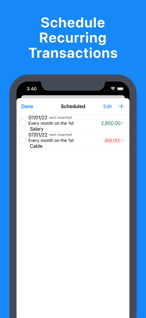 Balance My Checkbook - A mobile screen showing scheduled recurring transactions for salary and cable bills