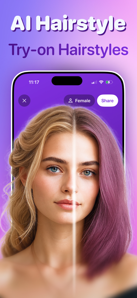 HairLab: Hair Cut Filter Color - Una pantalla dividida que muestra a una mujer probándose diferentes colores y estilos de pelo con IA