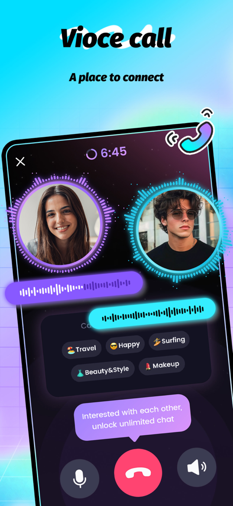 Interfaz de llamada de voz en tiempo real en la aplicación social SoMatch mostrando perfiles de usuario y etiquetas de intereses compartidos