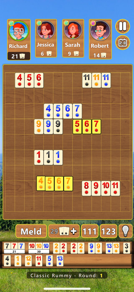 Classic Rummy gameplay on a wooden board with colorful numbered tiles and computer player avatars