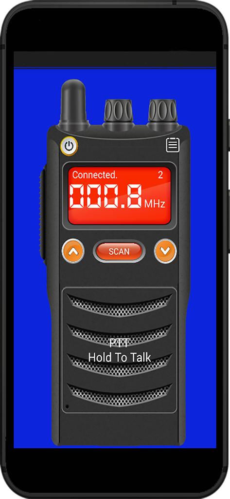 Un smartphone mostrando la interfaz de Online Walkie Talkie Lite con una pantalla de frecuencia digital y un botón "push to talk"