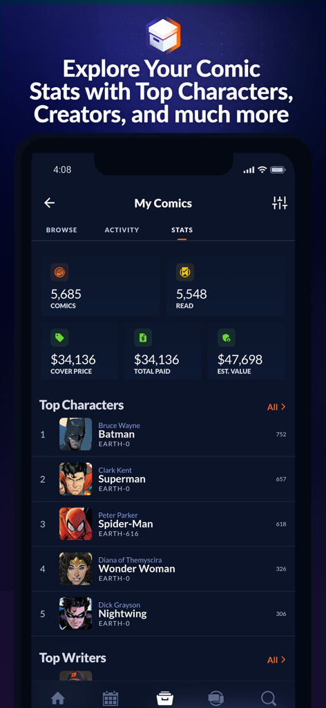 Comic Geeks App-Dashboard mit Sammlungsstatistiken, geschätztem Wert und Top-Charakter-Rankings, einschließlich Batman und Superman