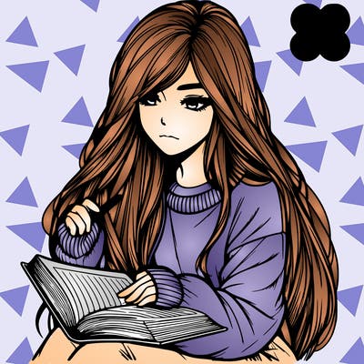 realistic girl with long hair wearing a baggie sweater reading a book